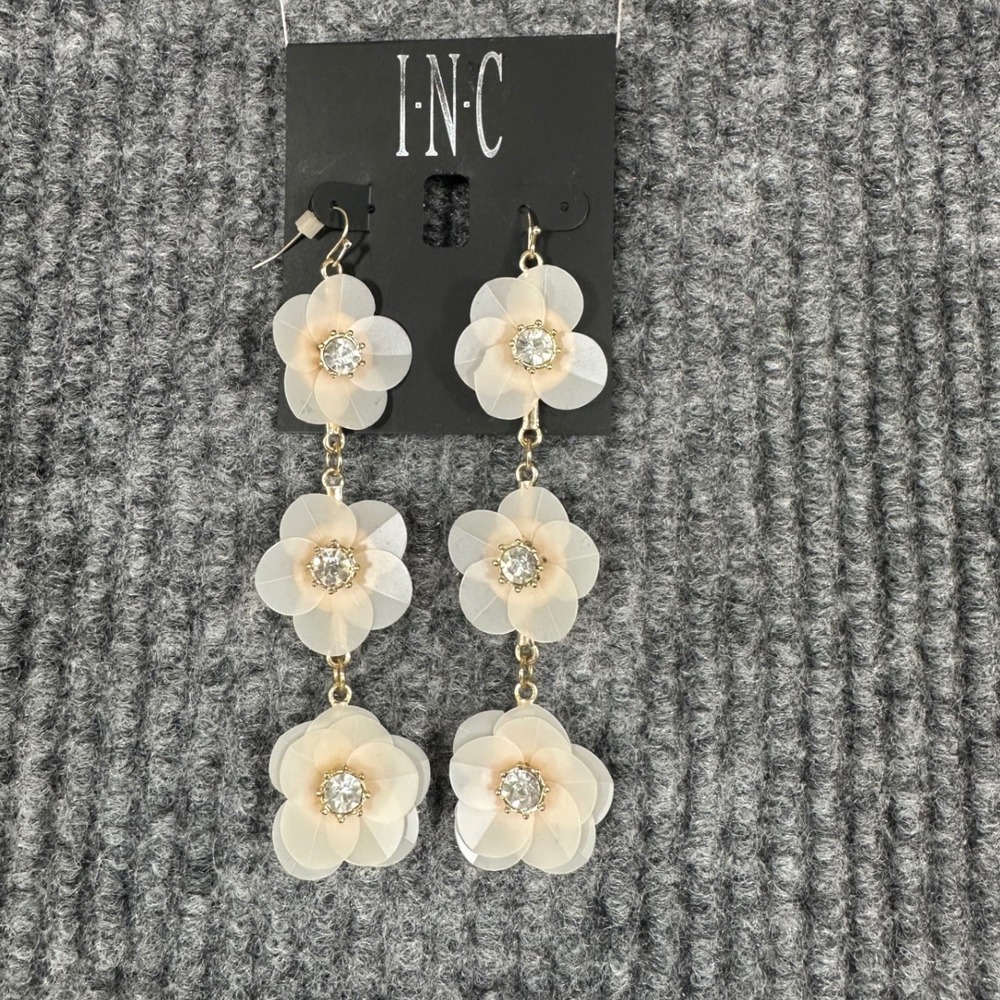 INC Triple Flower Drop Earrings Women OS Pink NEW Crystal Linear Statement